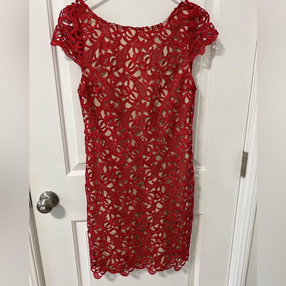 Alice + Olivia red lace dress with nude lining